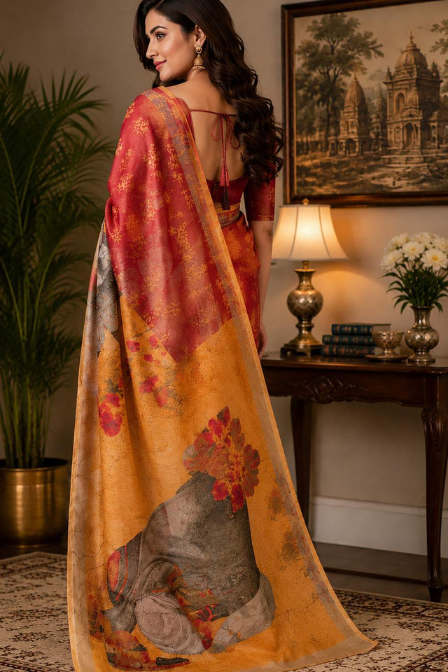 Multi Color Floral Printed Chanderi Cotton Ready To Wear Saree (HT2114)