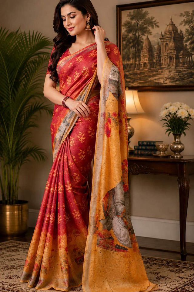 Multi Color Floral Printed Chanderi Cotton Ready To Wear Saree (HT2114)
