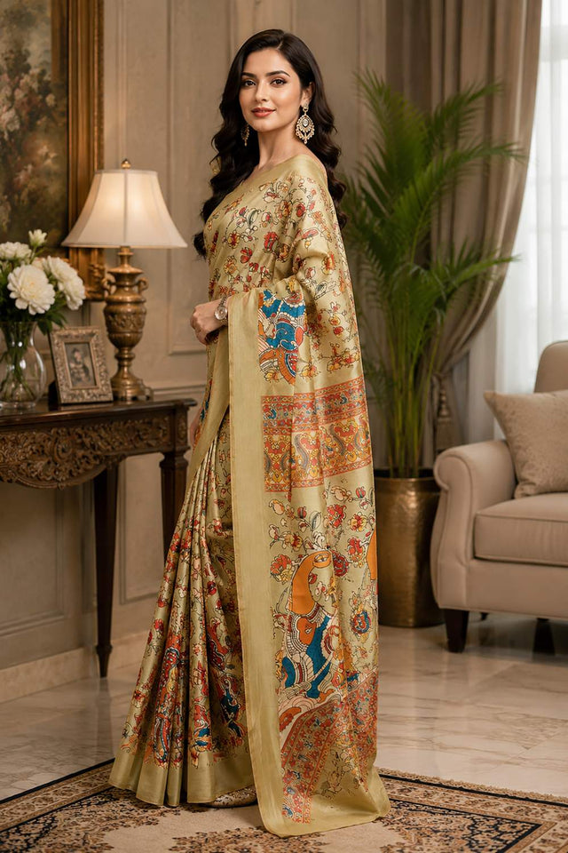 Cream Kalamkari Printed Chanderi Cotton Ready To Wear Saree (HT2115)