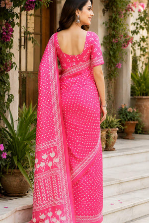 Light Pink Bandhani Printed Chanderi Cotton Ready To Wear Saree (HT2116)