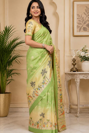 Green Printed Chanderi Cotton Ready To Wear Saree (HT2117)