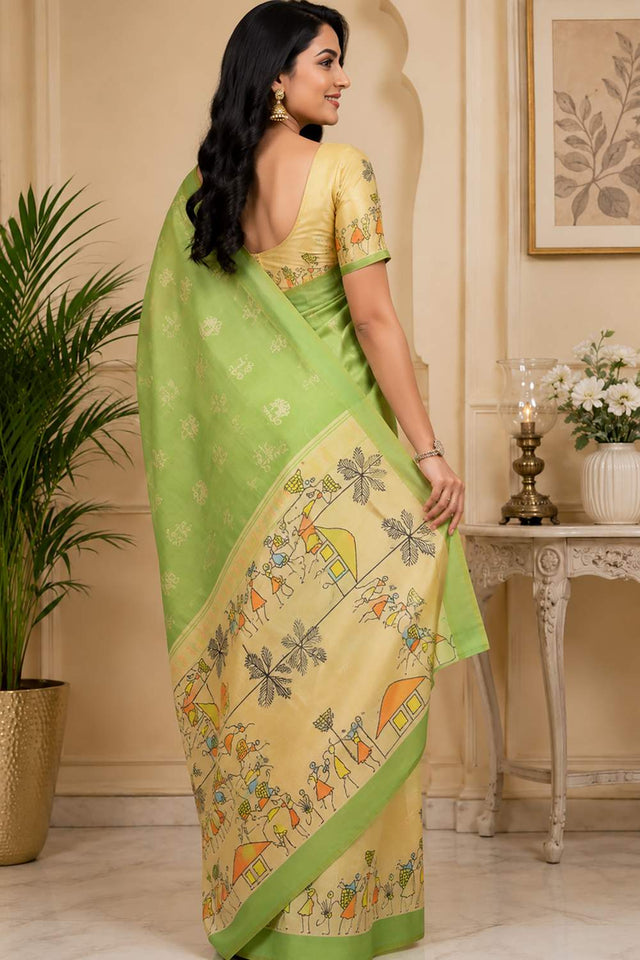 Green Printed Chanderi Cotton Ready To Wear Saree (HT2117)