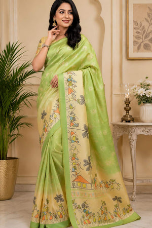 Green Printed Chanderi Cotton Ready To Wear Saree (HT2117)