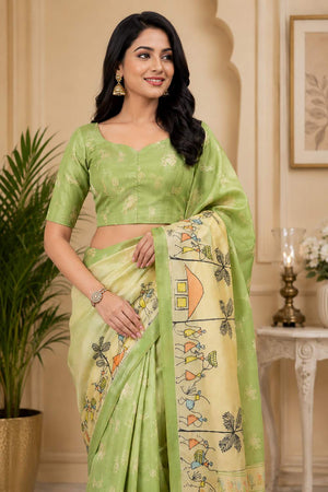 Green Printed Chanderi Cotton Ready To Wear Saree (HT2117)