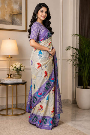 Cream Printed Chanderi Cotton Ready To Wear Saree (HT2118)