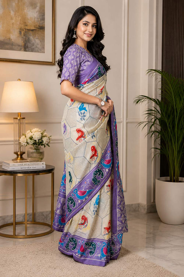 Cream Printed Chanderi Cotton Ready To Wear Saree (HT2118)
