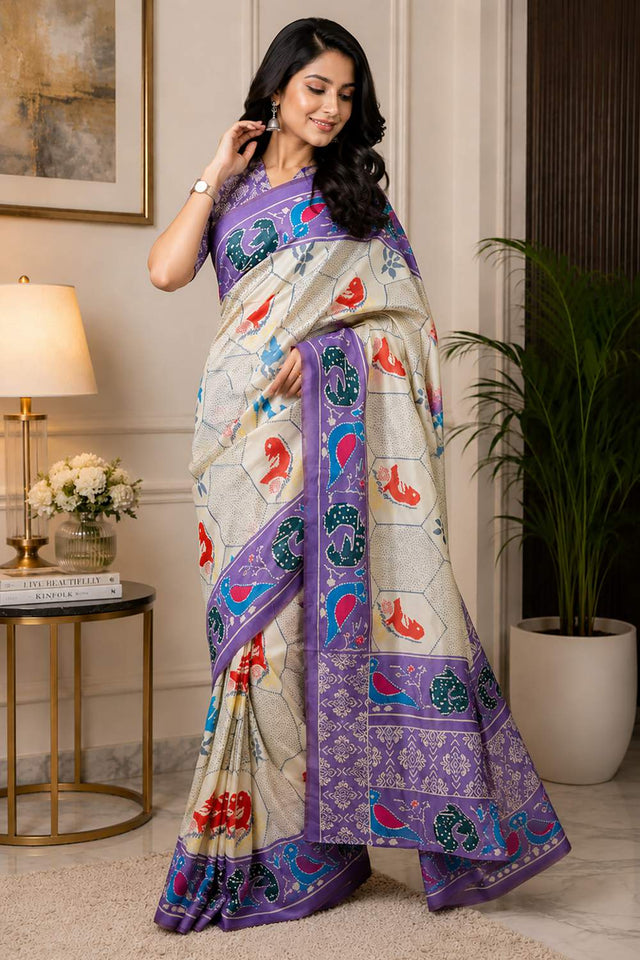 Cream Printed Chanderi Cotton Ready To Wear Saree (HT2118)