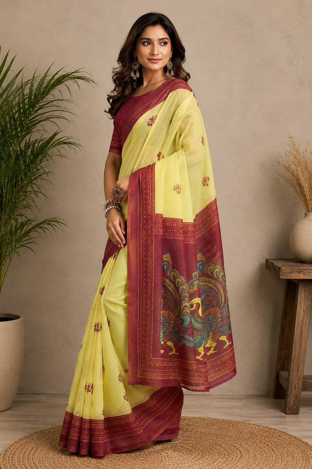 Yellow Printed Chanderi Cotton Ready To Wear Saree (HT2119)