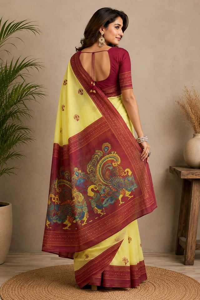 Yellow Printed Chanderi Cotton Ready To Wear Saree (HT2119)