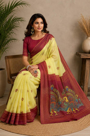 Yellow Printed Chanderi Cotton Ready To Wear Saree (HT2119)