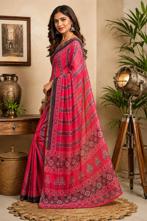Pink Ajrakh Printed Chanderi Cotton Ready To Wear Saree (HT2120)