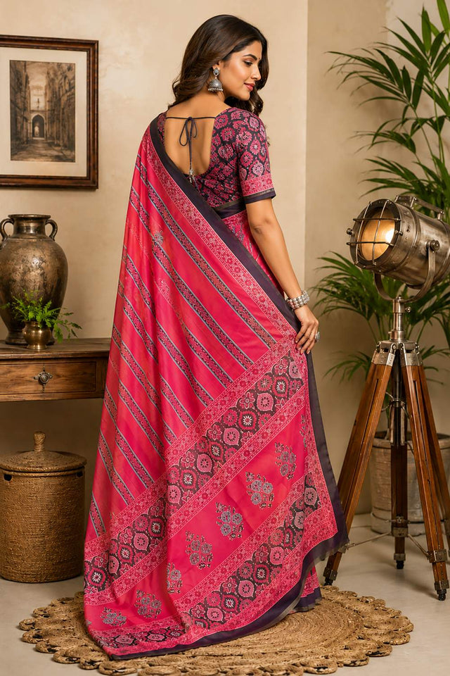 Pink Ajrakh Printed Chanderi Cotton Ready To Wear Saree (HT2120)
