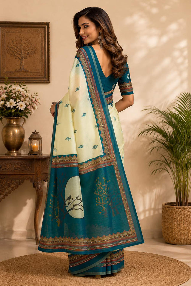 Cream Ajrakh Printed Chanderi Cotton Ready To Wear Saree (HT2121)