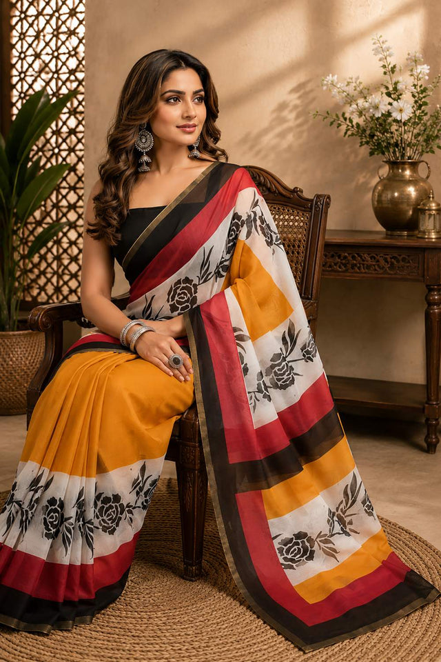 Multi Color Floral Printed Chanderi Cotton Ready To Wear Saree (HT2122)