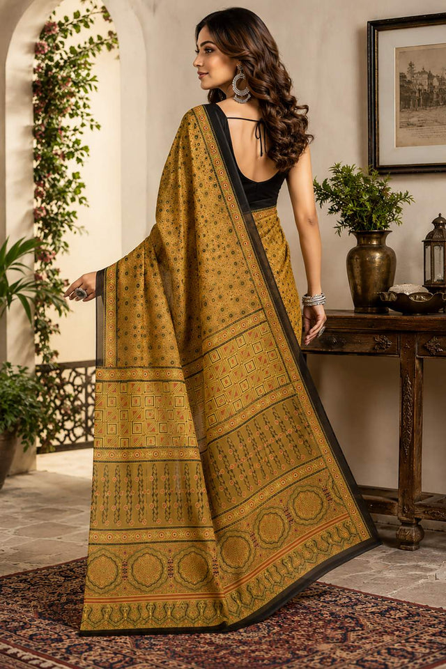 Mustard Kalamkari Printed Chanderi Cotton Ready To Wear Saree (HT2123)