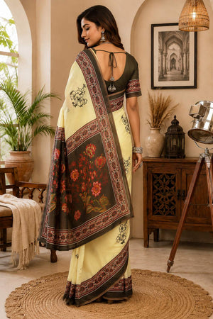 Cream Floral Printed Chanderi Cotton Ready To Wear Saree (HT2124)