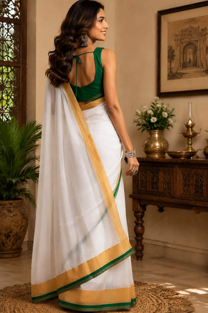 White Printed Chanderi Cotton Ready To Wear Saree (HT2125)