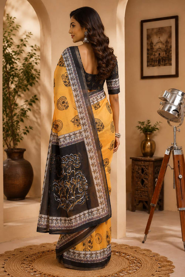 Mustard Printed Chanderi Cotton Ready To Wear Saree (HT2126)