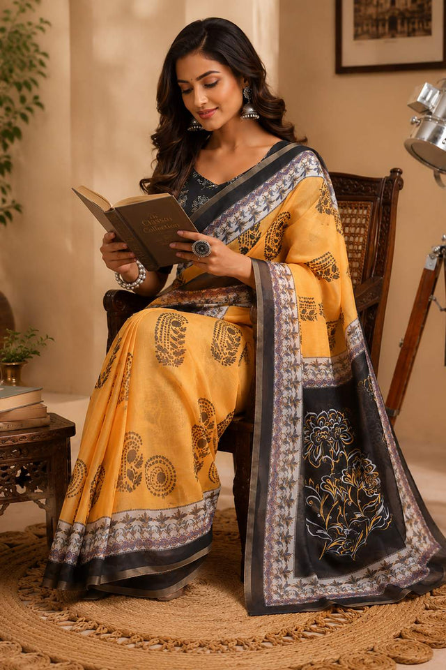Mustard Printed Chanderi Cotton Ready To Wear Saree (HT2126)