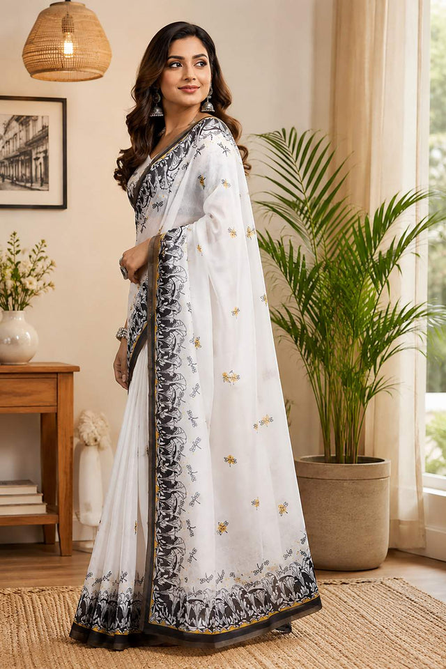 White Printed Chanderi Cotton Ready To Wear Saree (HT2127)