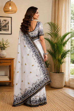 White Printed Chanderi Cotton Ready To Wear Saree (HT2127)