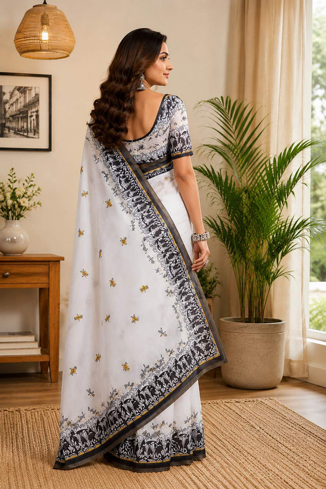 White Printed Chanderi Cotton Ready To Wear Saree (HT2127)