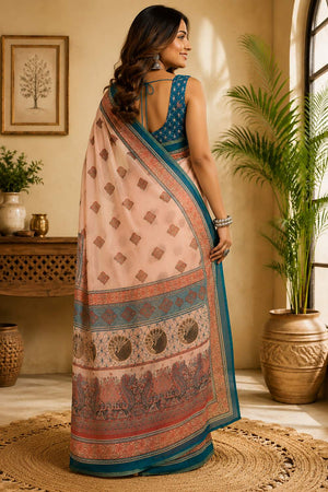 Peach Geometric Printed Chanderi Cotton Ready To Wear Saree (HT2128)
