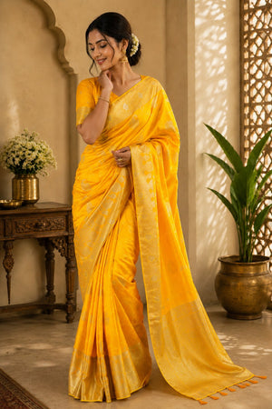 Yellow Floral Woven Soft Silk Saree (HT2402)