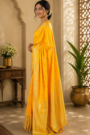 Yellow Floral Woven Soft Silk Saree (HT2402)