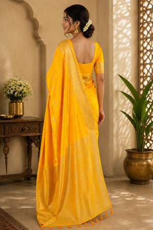 Yellow Floral Woven Soft Silk Saree (HT2402)