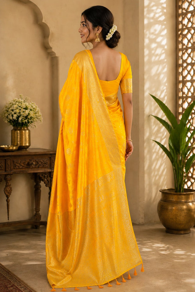 Yellow Floral Woven Soft Silk Saree (HT2402)