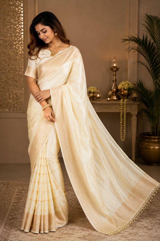 Off White Zari Woven Soft Silk Saree (HT2403)