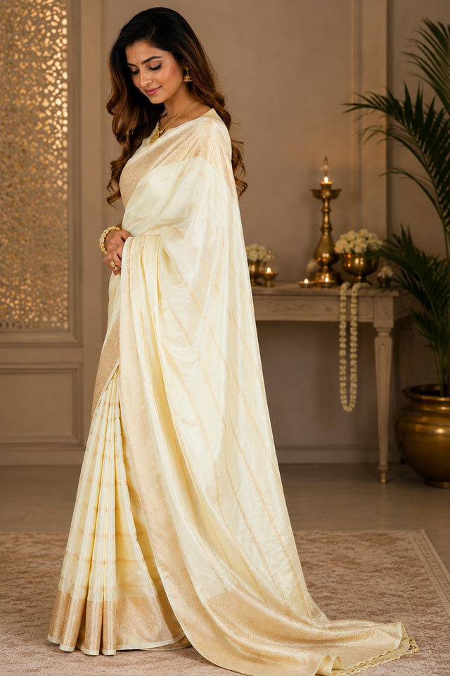 Off White Zari Woven Soft Silk Saree (HT2403)