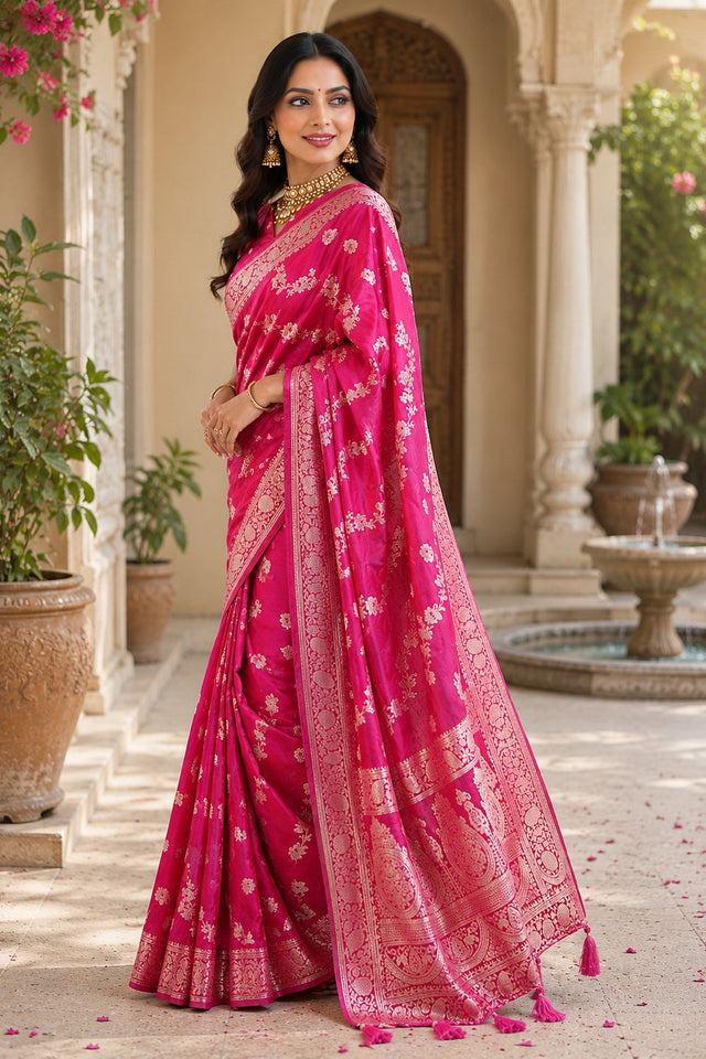 Pink Floral Woven Soft Silk Saree (HT2405)