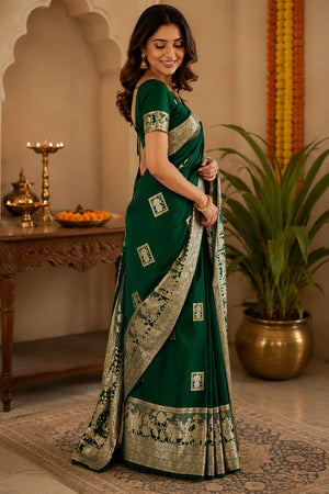 Dark Green Geometric Woven Soft Silk Saree (HT2406)