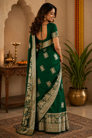 Dark Green Geometric Woven Soft Silk Saree (HT2406)