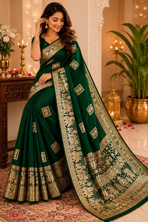 Dark Green Geometric Woven Soft Silk Saree (HT2406)
