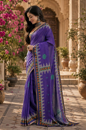 Purple Floral Printed Linen Saree (HT2501)