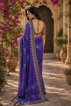 Purple Floral Printed Linen Saree (HT2501)