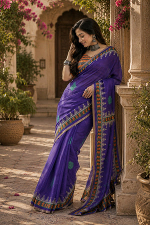 Purple Floral Printed Linen Saree (HT2501)