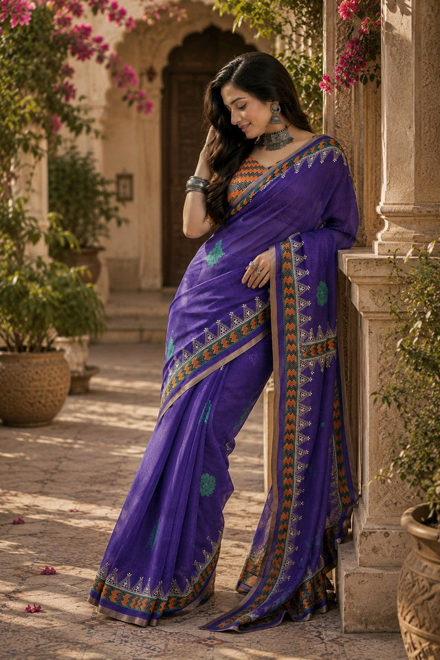 Purple Floral Printed Linen Saree (HT2501)