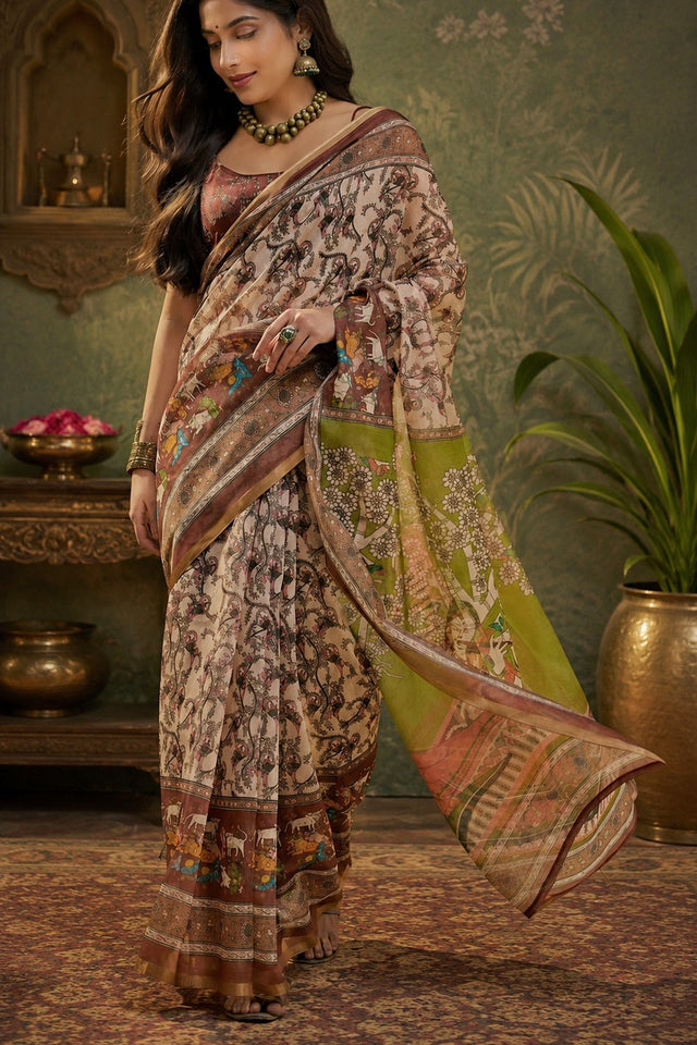 Cream & Brown Kalamkari Floral Printed Linen Saree (HT2502)