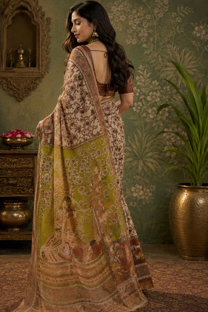 Cream & Brown Kalamkari Floral Printed Linen Saree (HT2502)