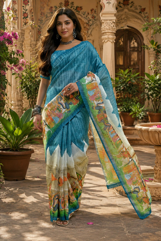 Blue Printed Linen Saree (HT2503)