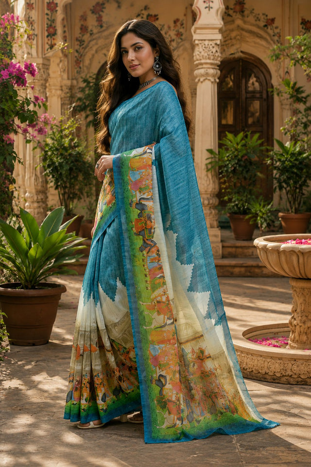 Blue Printed Linen Saree (HT2503)