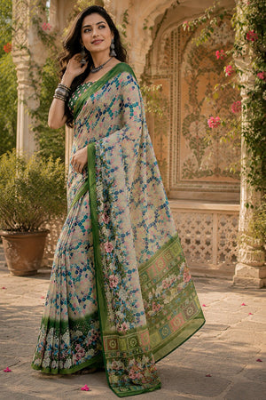 Cream & Green Geometric Printed Linen Saree (HT2504)