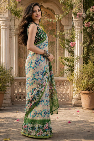 Cream & Green Geometric Printed Linen Saree (HT2504)
