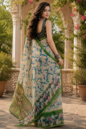 Cream & Green Geometric Printed Linen Saree (HT2504)
