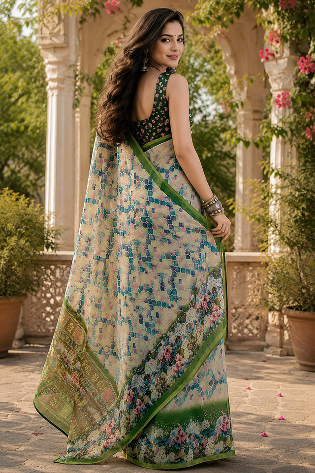 Cream & Green Geometric Printed Linen Saree (HT2504)