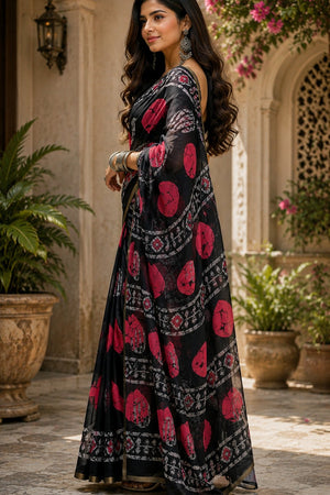 Black Printed Linen Saree (HT2505)